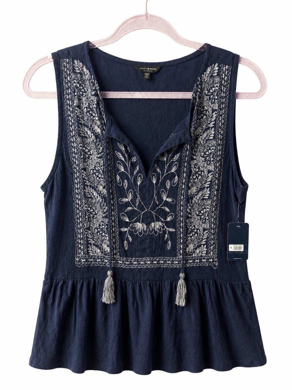 Lucky Brand Navy Sleeveless Embroidered Peplum Top